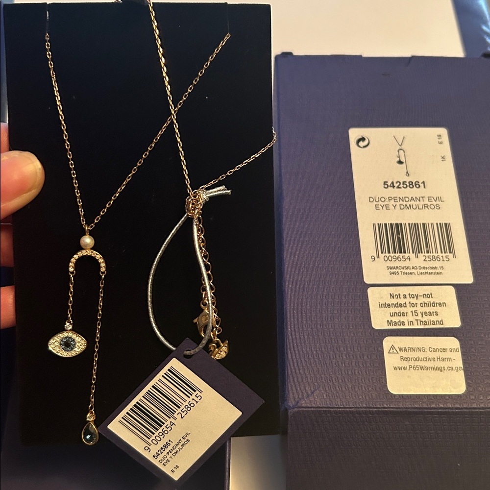 Swarovski Rose Gold Evil Eye Lariat Necklace with Blue Crystal - Picture 4 of 5